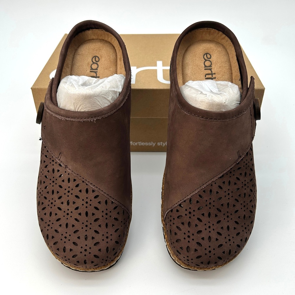 Womens Clogs Earth Erinn Size 8 Dark Brown Leather Slip-on Flat Mules Comfy NEW - Picture 3 of 7